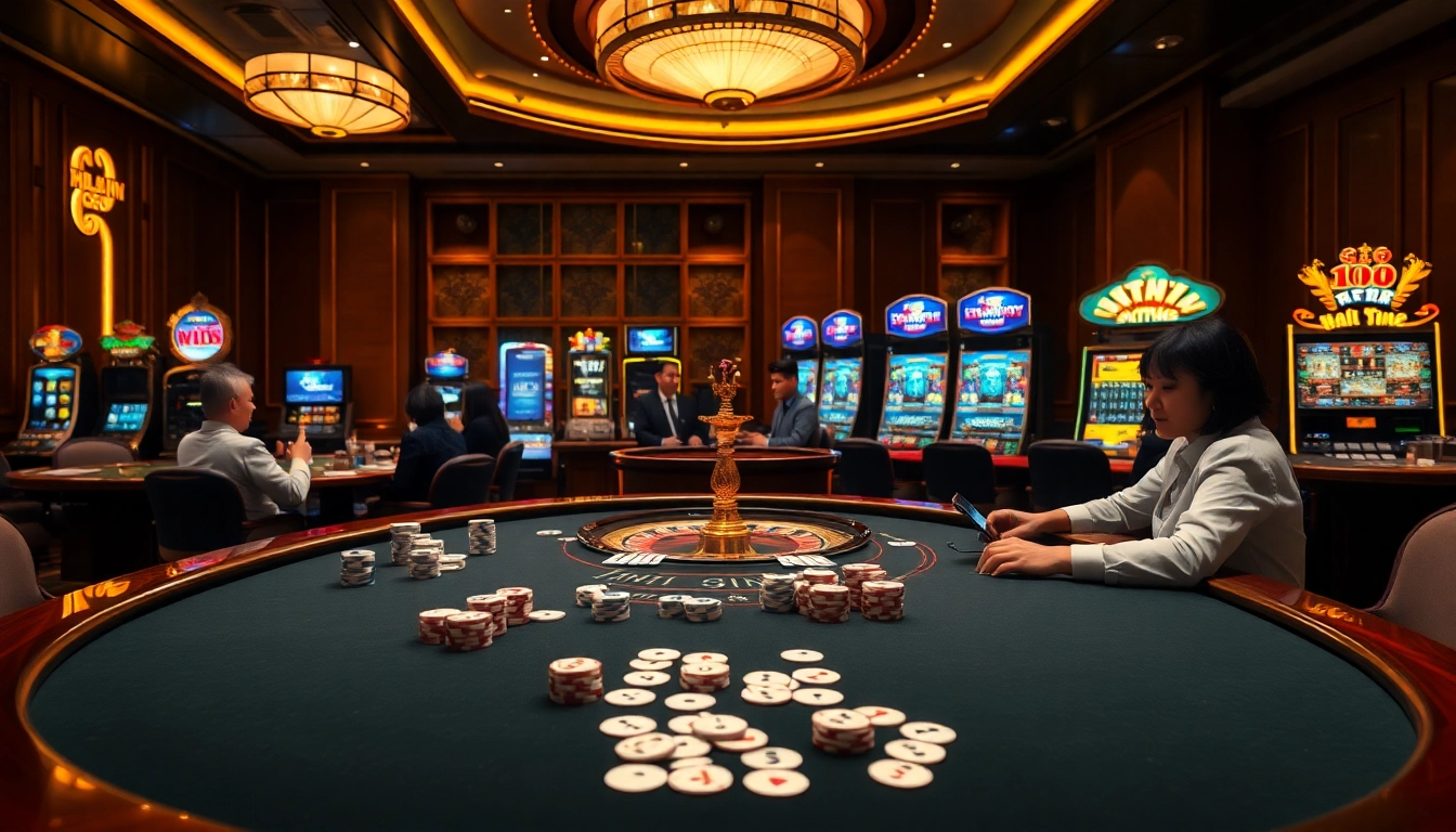 Players engaged in exciting gambling actions at NHÀ CÁI MM88's elegant casino tables.