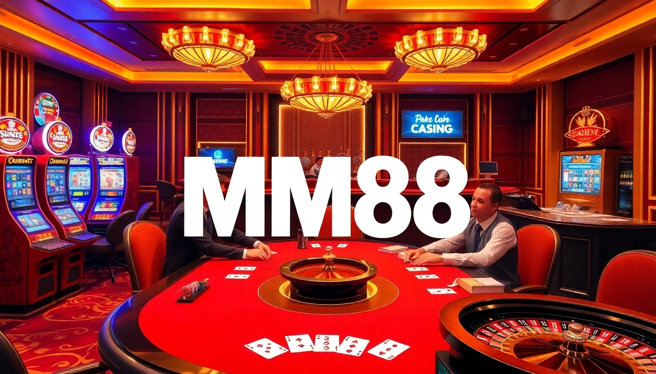 Exciting MM88 casino scene with poker players, vibrant slot machines, and roulette wheel.