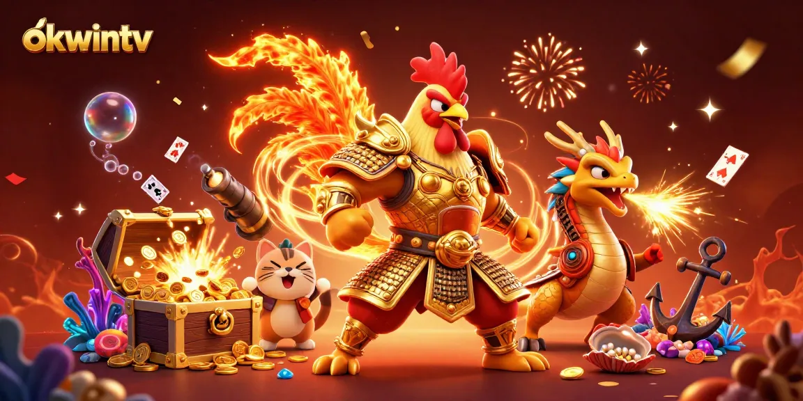 Experience exciting betting action with okwintv, featuring a dynamic rooster warrior and dragon mascot in an energetic gambling scene.