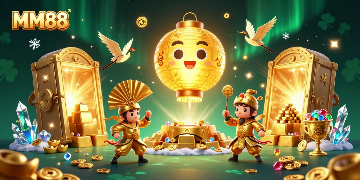 Experience the thrill of MM88 as golden lantern spirits illuminate a vibrant casino scene filled with treasures.