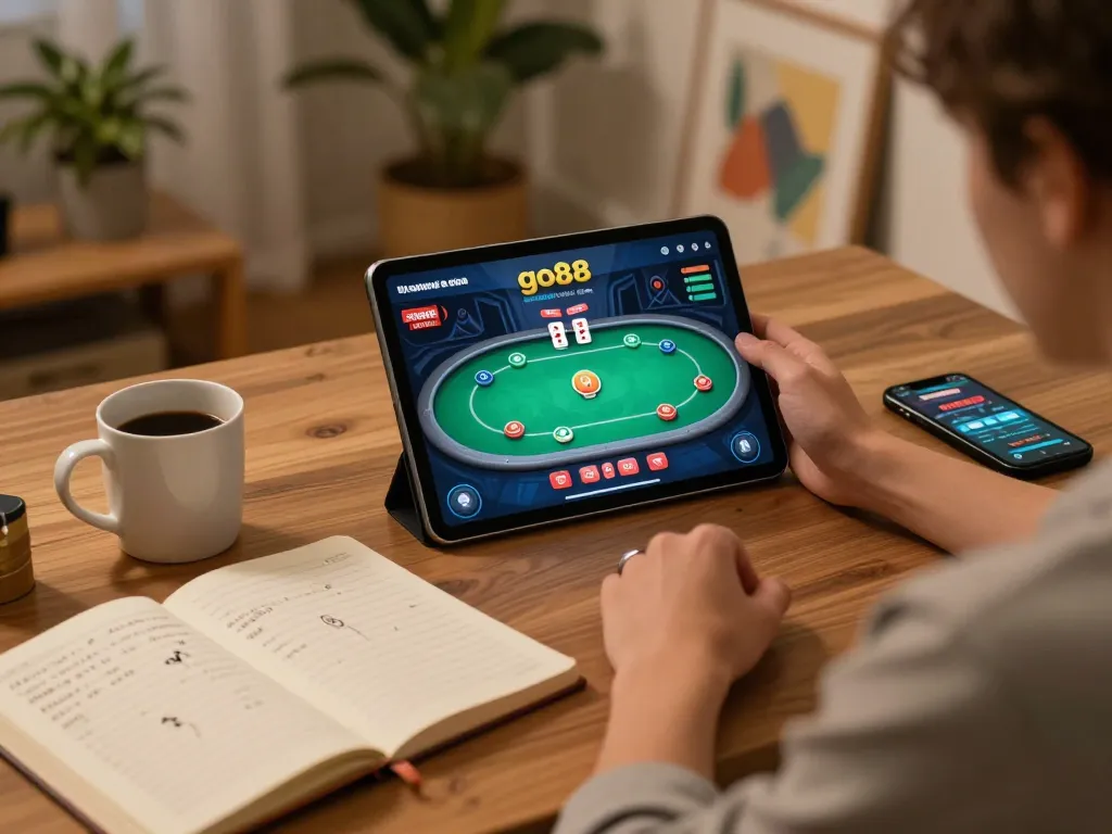 Engaging with go88 web for online poker, showcasing a home gaming atmosphere with strategies and ambiance.