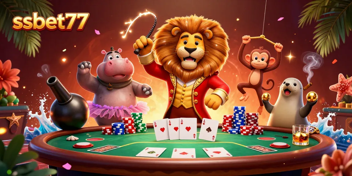 Experience the thrilling games at ssbet77 with vibrant casino characters surrounding poker elements.