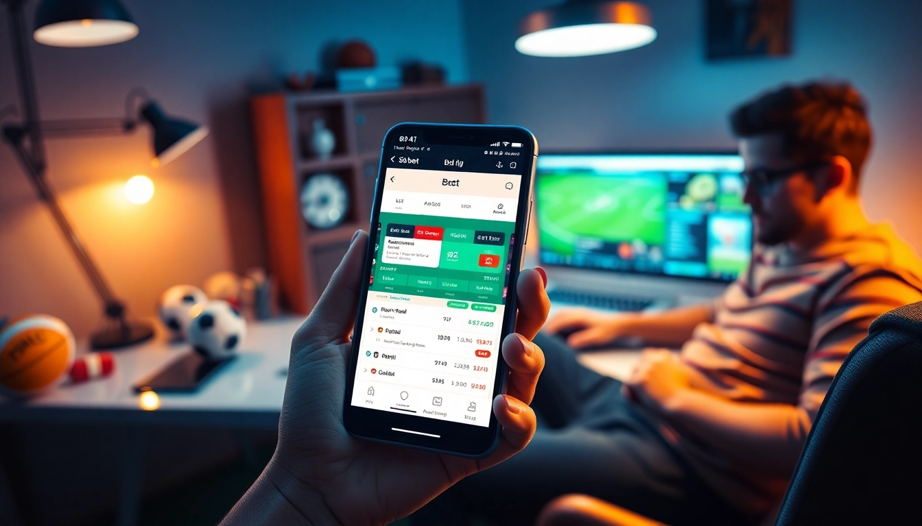 Experience the thrill of 8s bet with a vibrant online betting scene featuring a smartphone app and sports paraphernalia.