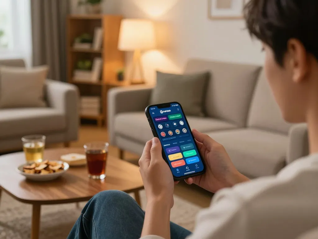Engaging with the online betting app of nhà cái 88aa on a smartphone in a cozy living room setup