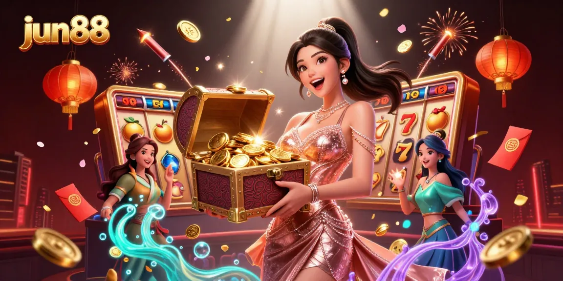 Experience thrilling gaming at jun88 with slots, sparkling treasures, and vibrant decorations.