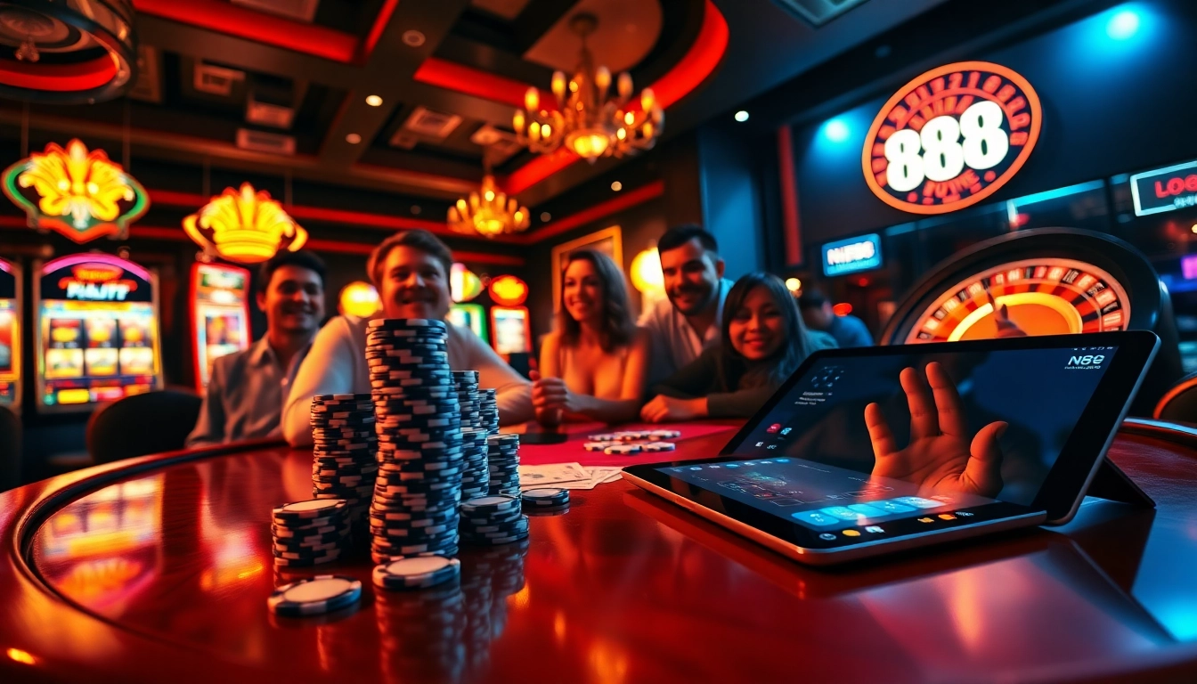 Engaging nh88 casino players at a poker table with vibrant colors and luxurious atmosphere.