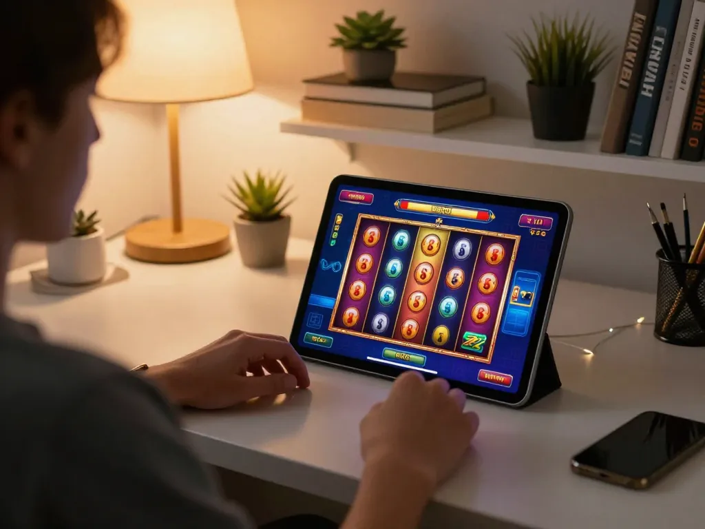 Engaging in Luck8 com online slot game from a cozy home environment, showcasing user interaction.