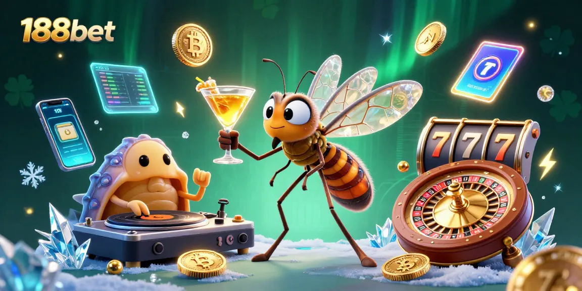 Jump into action with 188bet's vibrant casino scene featuring a unique frozen mosquito mascot.