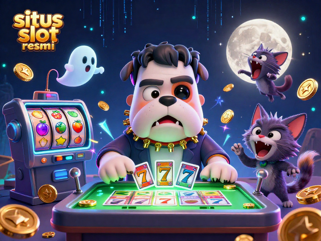 Engage with situs slot resmi featuring colorful slot reels and dynamic casino characters at play.