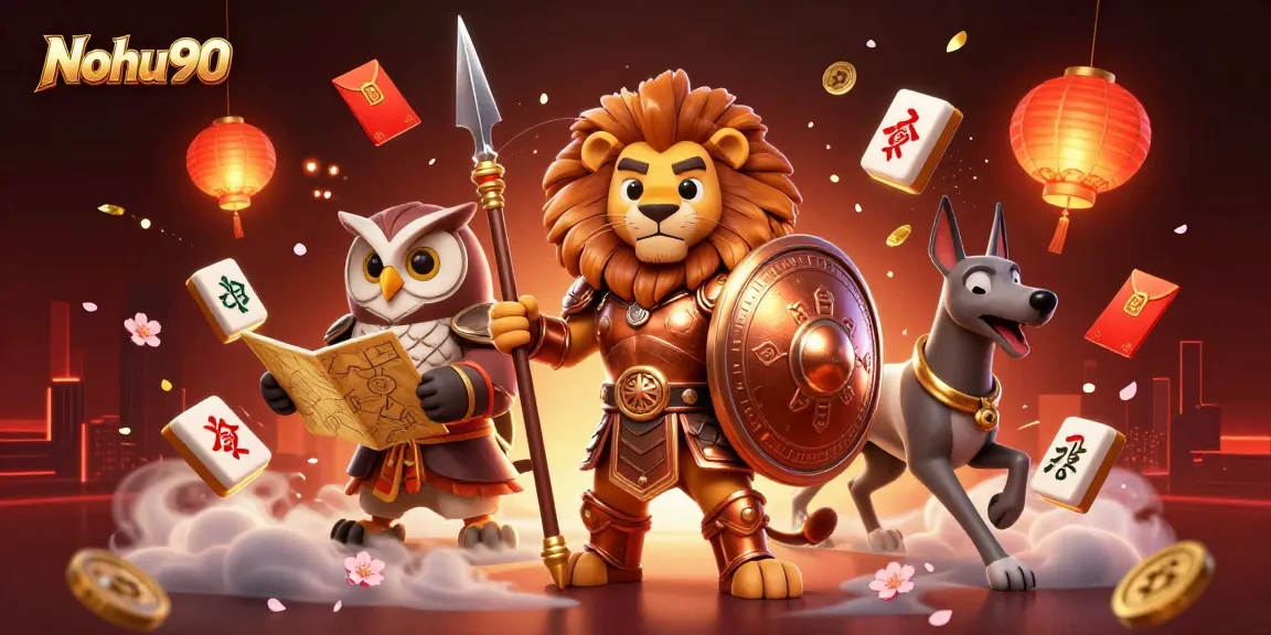 Nohu90 gaming experience with 3D Spartan lion and treasure elements lighting up the casino world