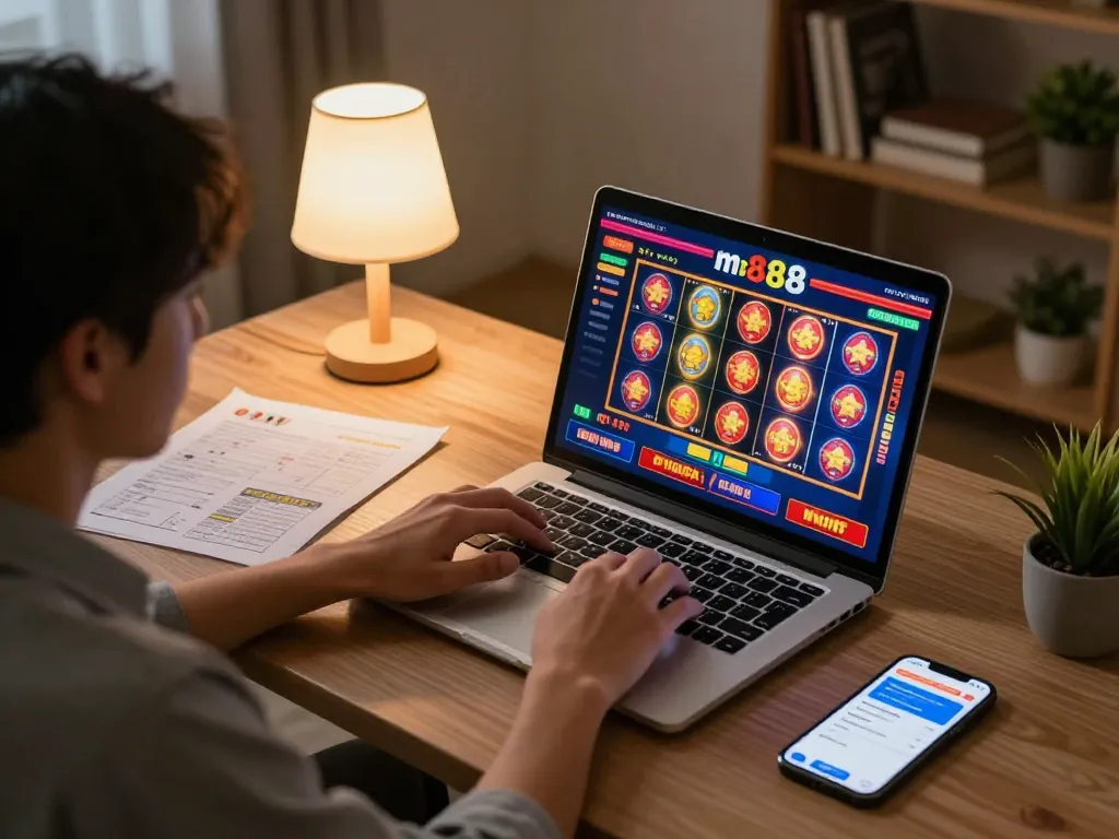 Engaging moment of a player at mb88 com enjoying an online casino game on a laptop, with strategy notes nearby.