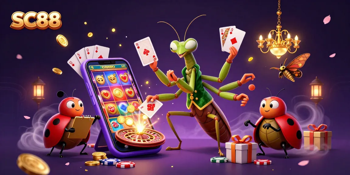 Experience SC88 with a vibrant scene featuring a mantis and ladybug in a dynamic casino setting.