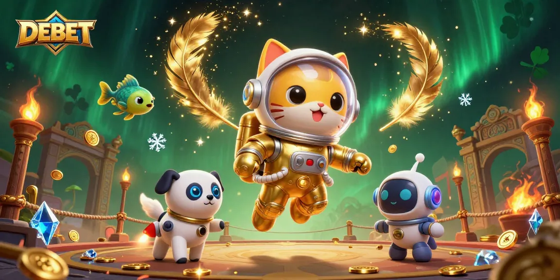 Engage with DEBET in a dynamic casino-themed illustration featuring an astronaut cat and robot dog.