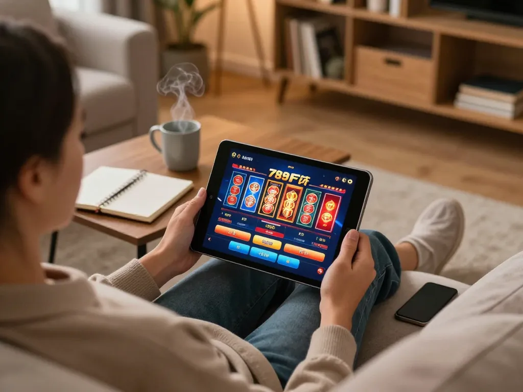 Person enjoying online casino gaming with 789F on tablet, showcasing responsible gaming atmosphere