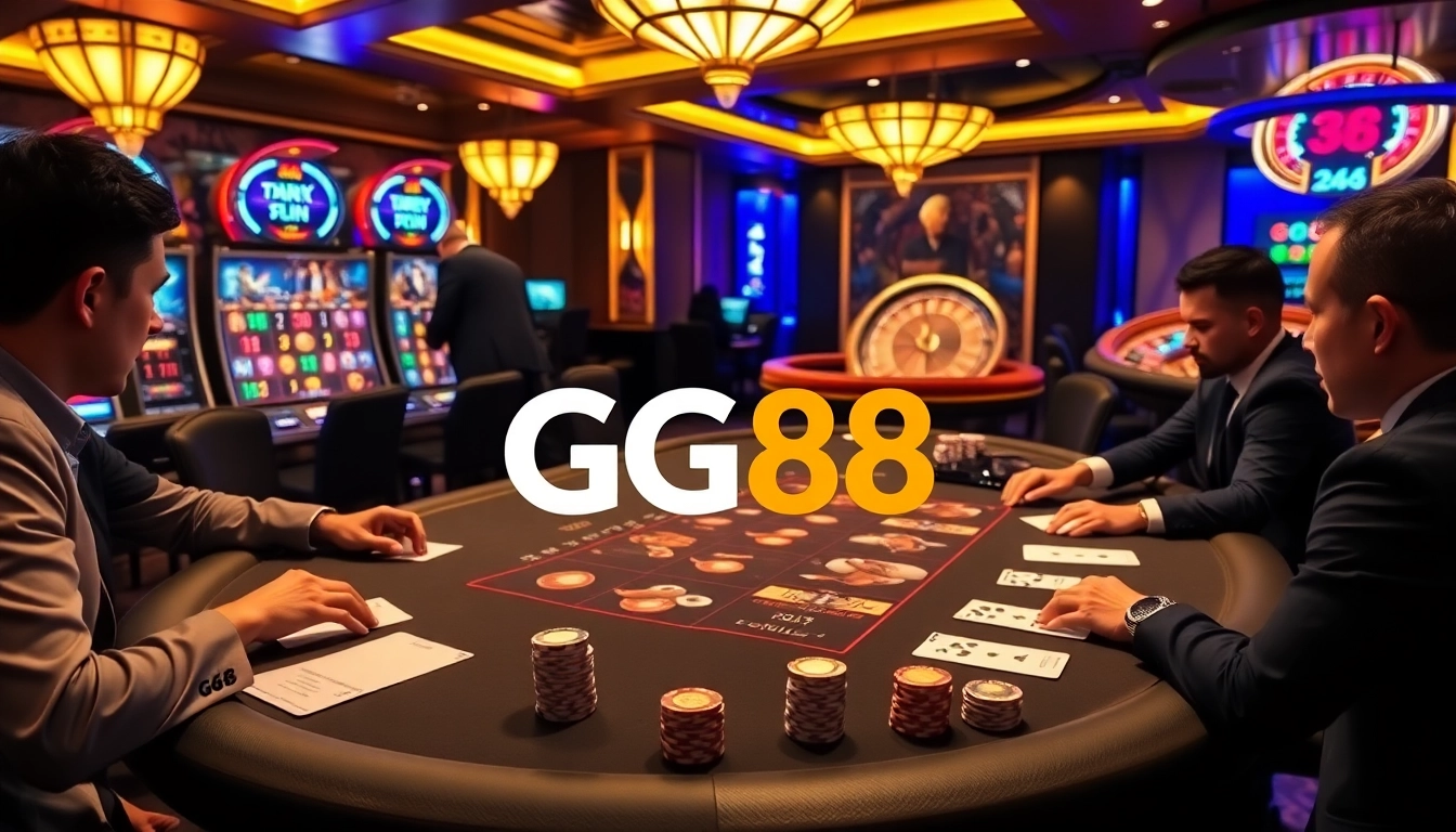 Play poker with GG88 at a luxurious casino table surrounded by exciting slot machines.