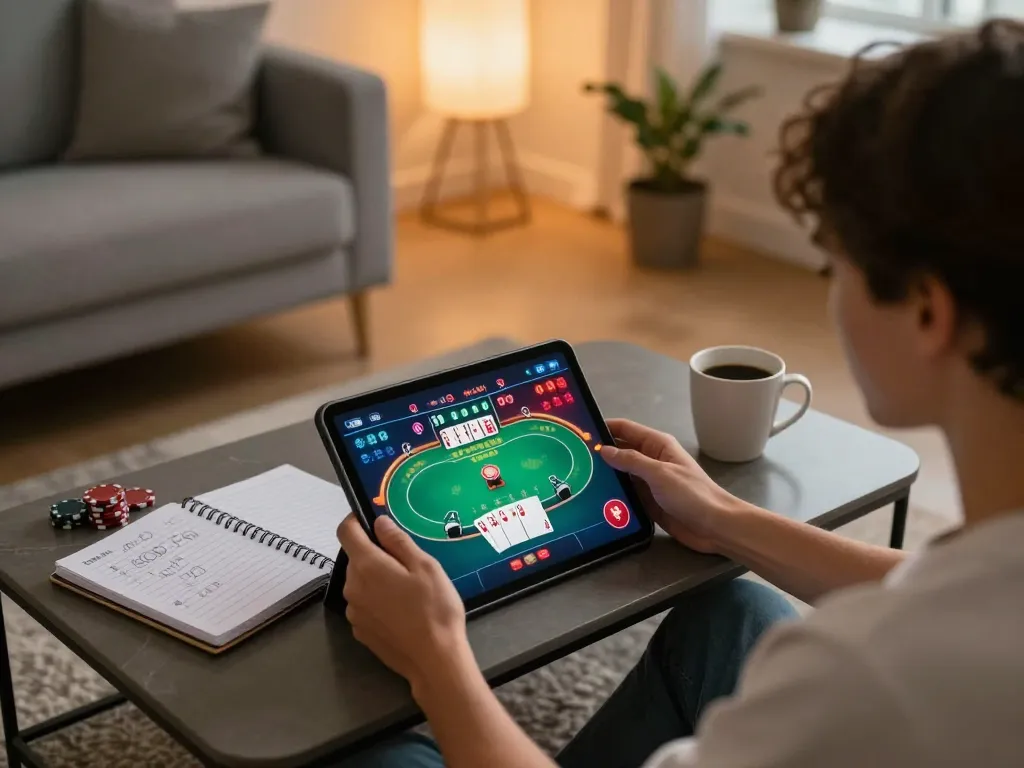 F168 player engaging in online poker gaming on tablet with strategic notes nearby.