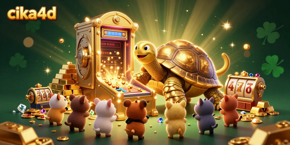 Cika4d players enjoying a thrilling casino atmosphere with slot machines, golden tortoise, and treasures