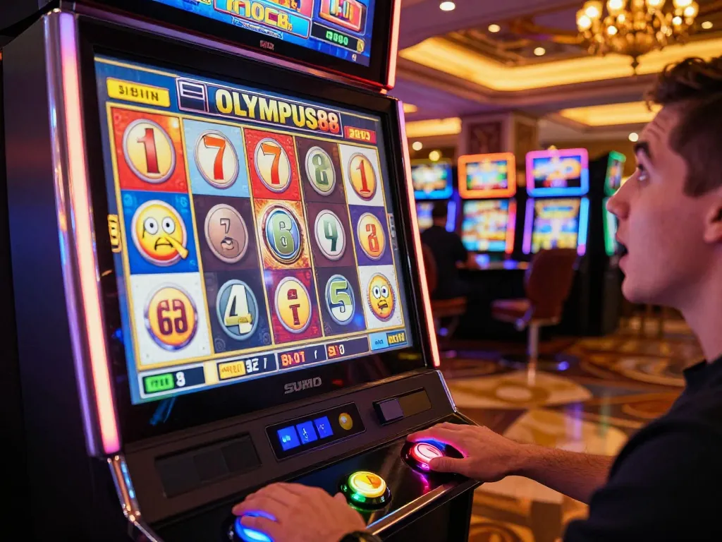 Player enjoying OLYMPUS88 slot game action with vibrant reels spinning in a lively casino atmosphere