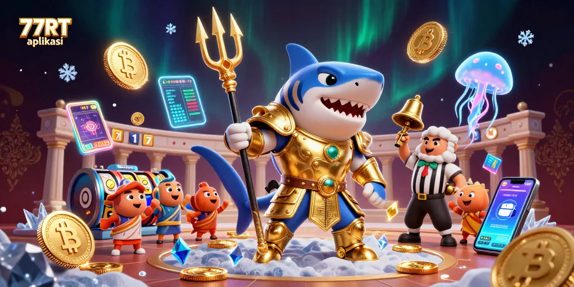 Experience gaming excitement with 77RT aplikasi featuring a golden gladiator shark amidst slot reels.