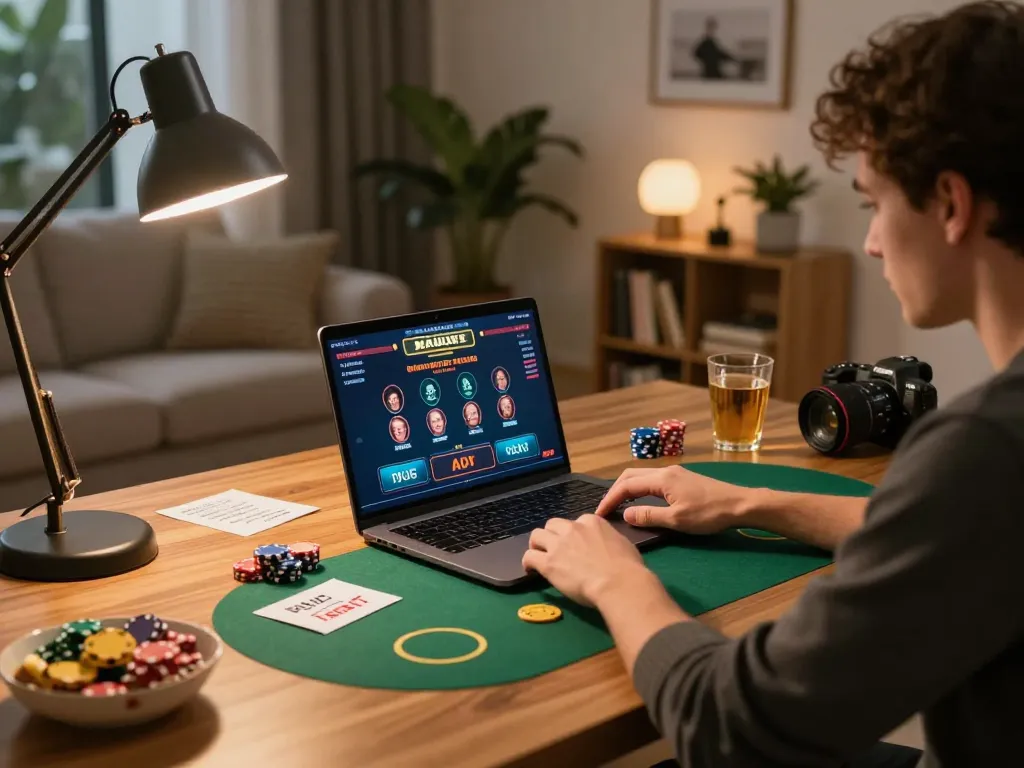 Engaging in MM99 Đăng Nhập at a home gaming setup with strategic betting notes and casino interface visible.