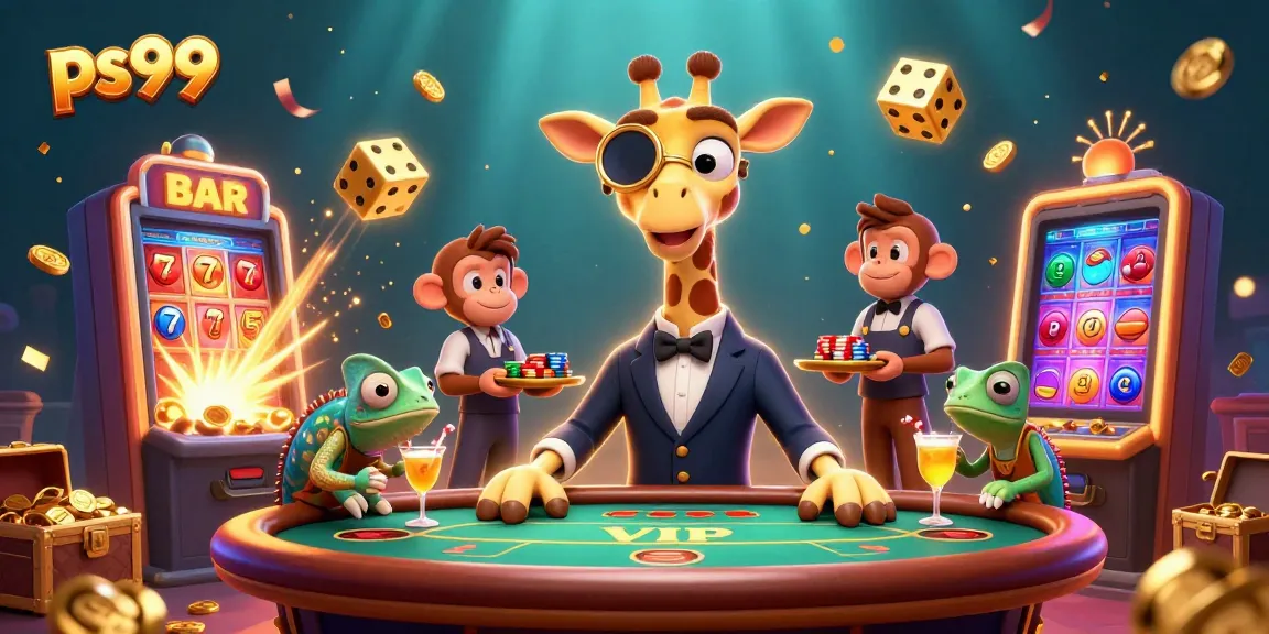 Win big with ps99 at a bustling casino scene featuring a high-roller giraffe and lively characters.
