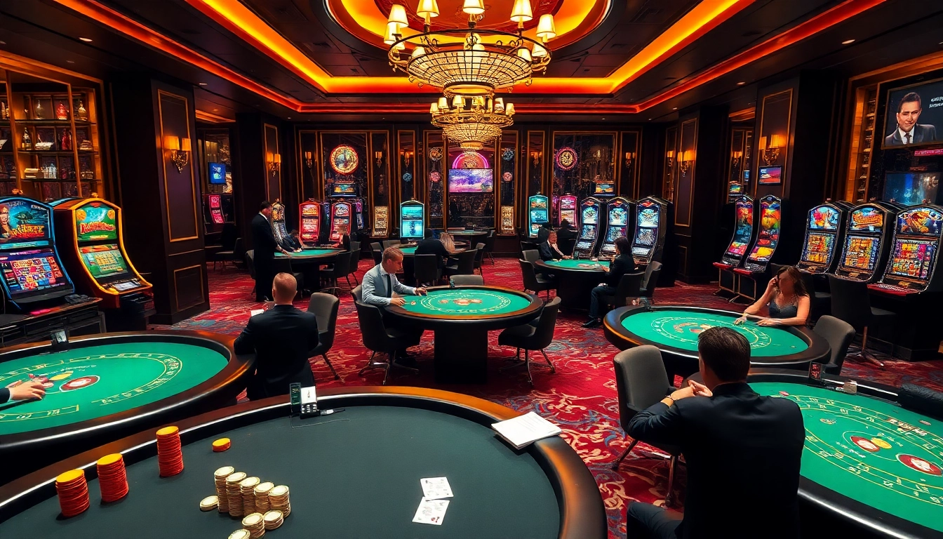Engaged players enjoying a luxurious casino experience at win55 tables with vibrant slot machines and poker chips.