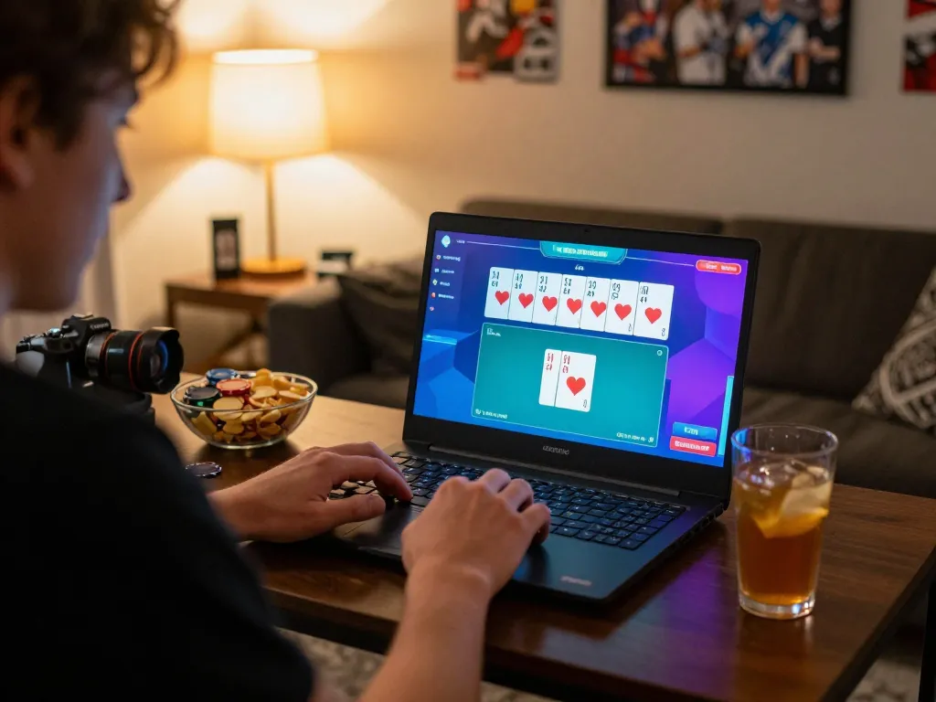 Engaged player at home using laptop for online poker on trang chủ fly88 in a cozy setting.