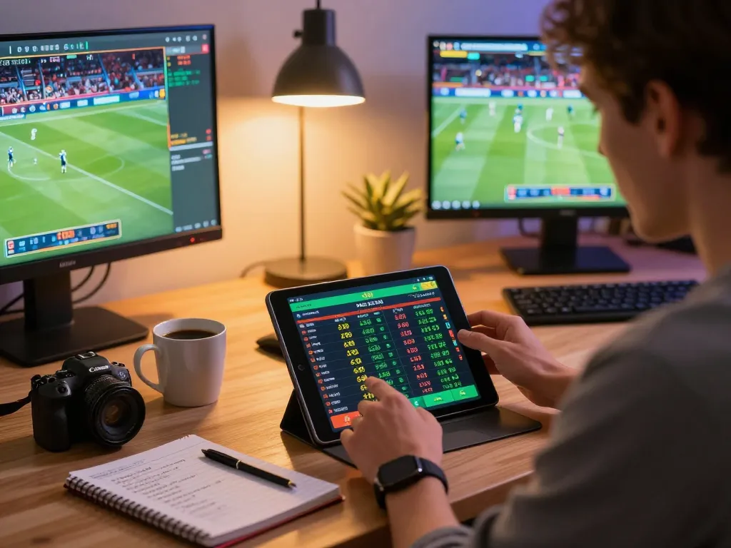 Soi keo nha cai while analyzing sports betting strategies on a tablet in a stylish home office.