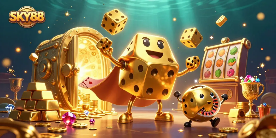 SKY88 showcases a magical 3D casino with golden dice and treasure in a vibrant illustration.