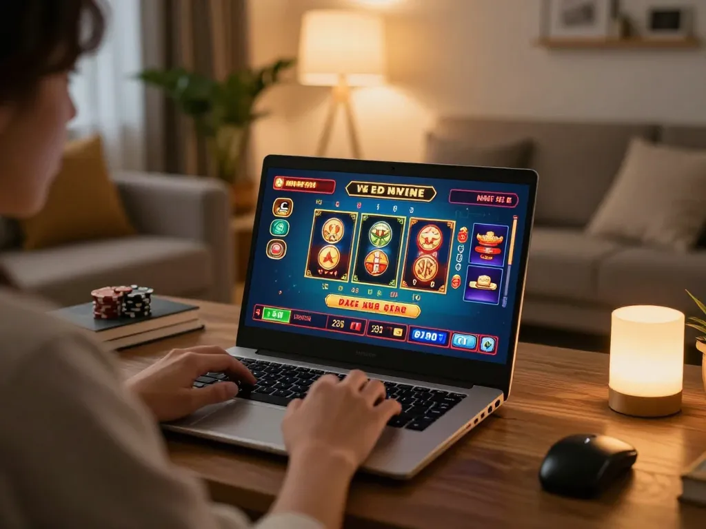 Hello88 player enjoying online casino gaming on a laptop in a cozy home setting