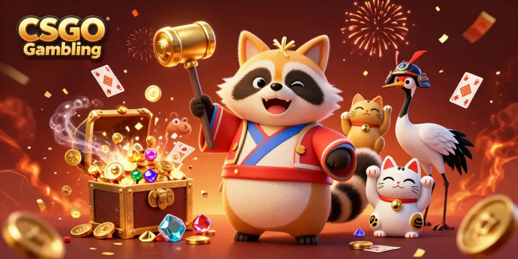CSGO Gambling featuring a cheerful tanuki and fortune cats amidst a vibrant casino setting.
