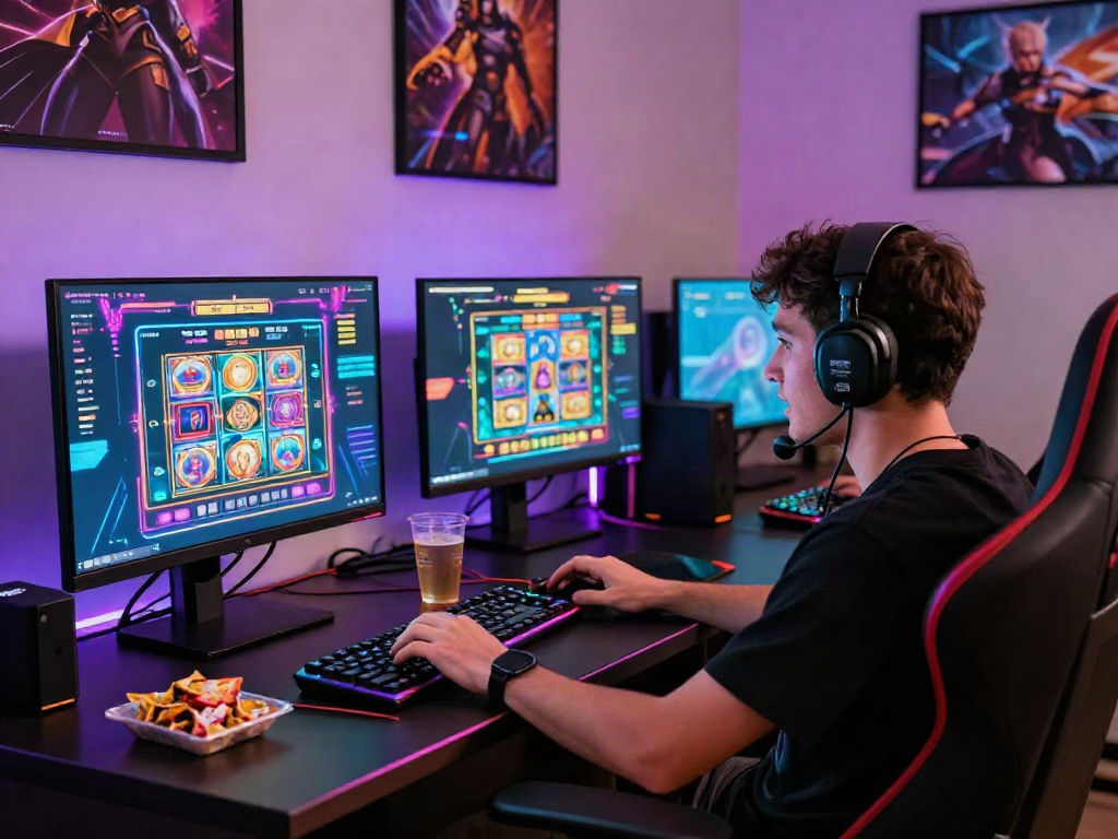 Engaged player enjoying the akunjp online slot gaming experience at a modern desk.