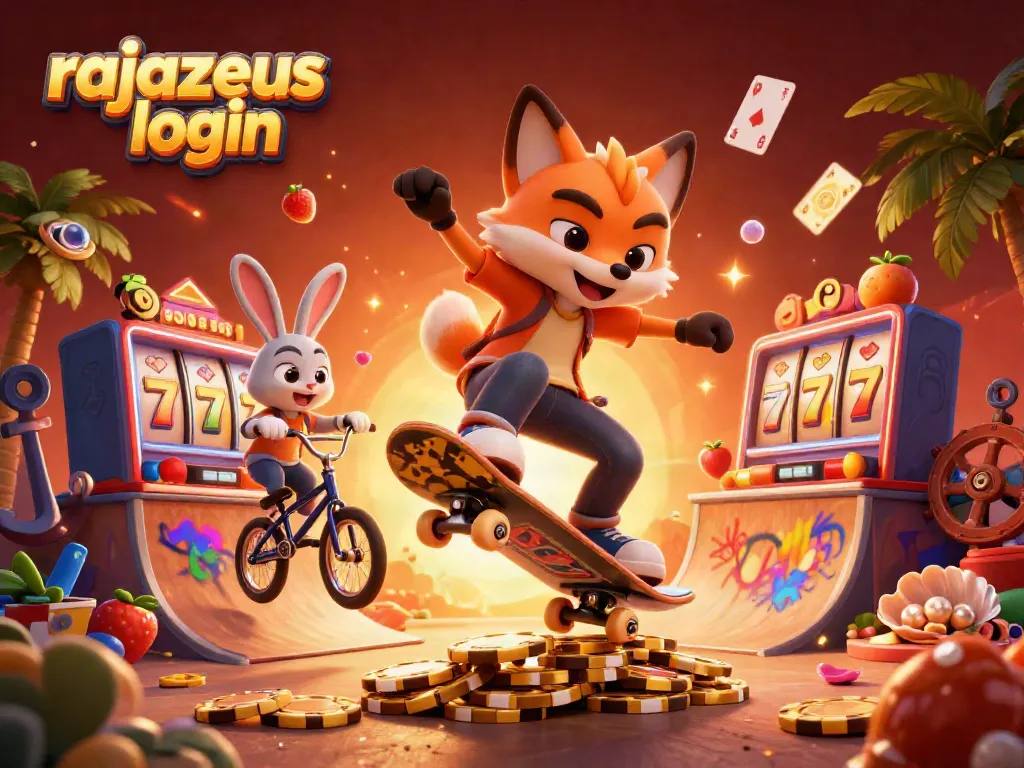 Aktivitas bermain kasino dengan simbol slot dan karakter unik rajazeus login.