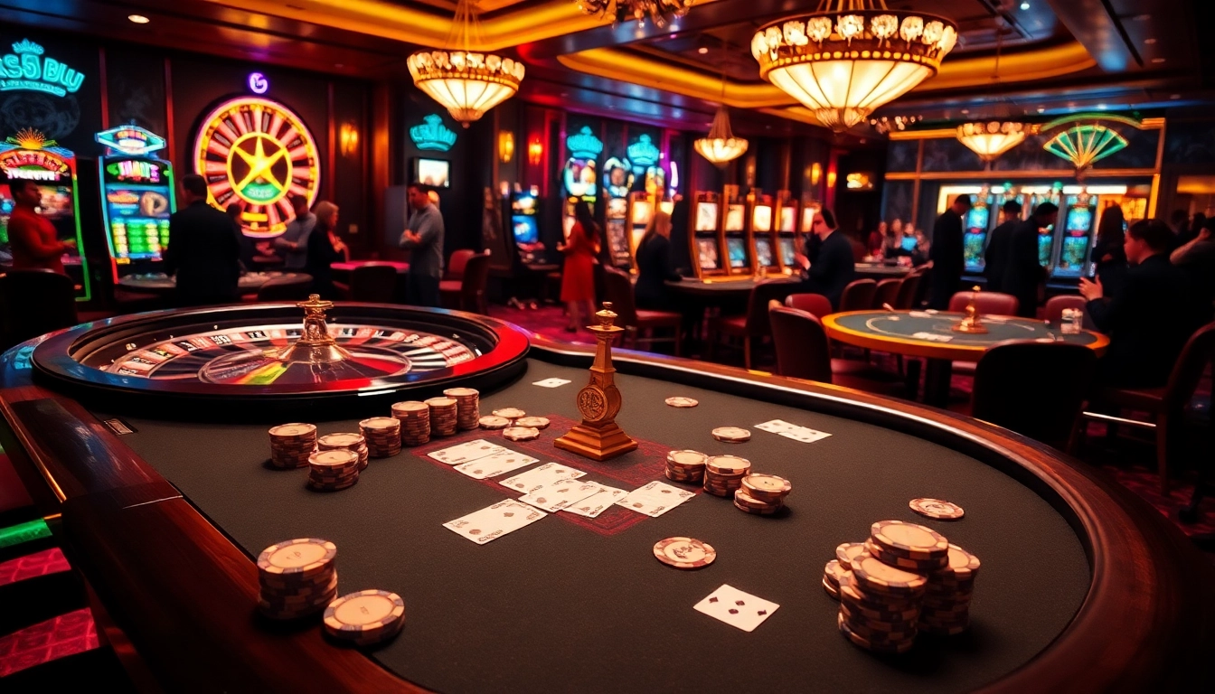 Gamblers engaging with KK55.blue at a vibrant casino filled with poker tables and slot machines.