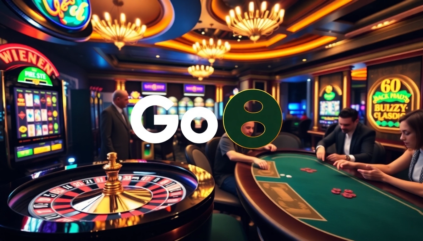 Go 8 players enjoying a game at a sophisticated online casino with vibrant slot machines.