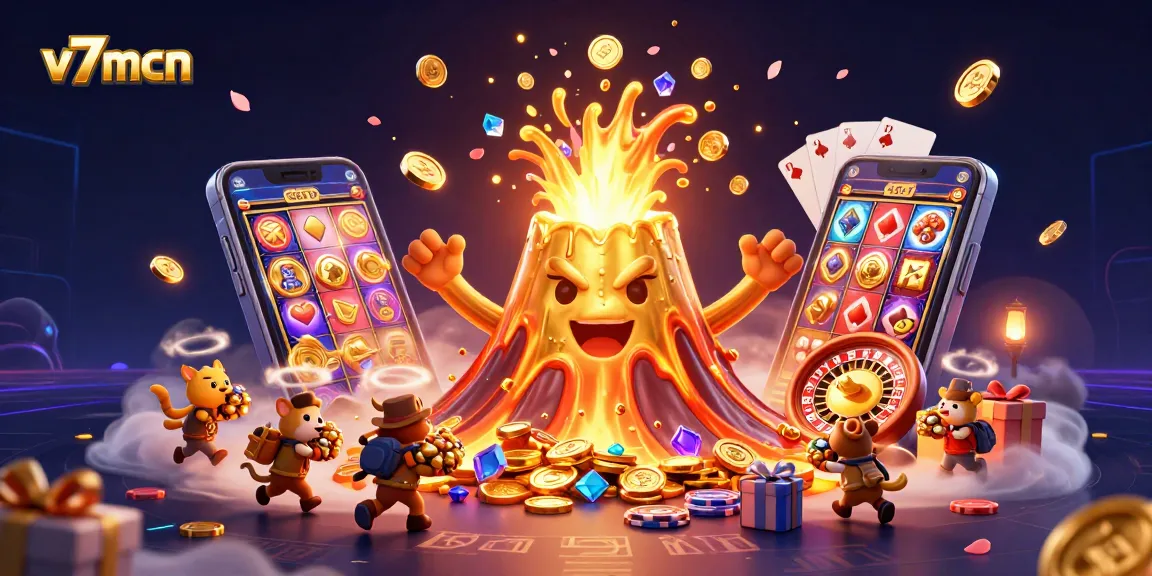 Experience thrilling slots and treasures at v7mcn with a vibrant eruption in a 3D casino illustration.
