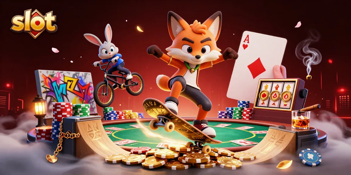 Experience thrilling slot action with a dynamic cartoon fox and rabbit amidst vibrant casino elements.