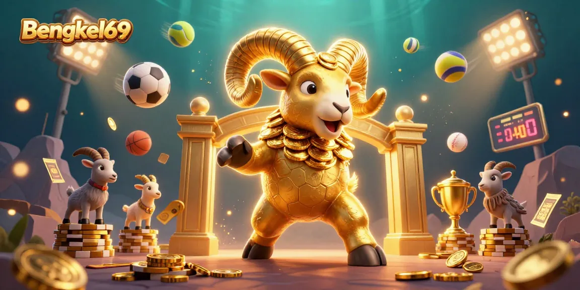 Bengkel69 showcases a golden ram charging through a vibrant sports-themed casino scene filled with energy and excitement.