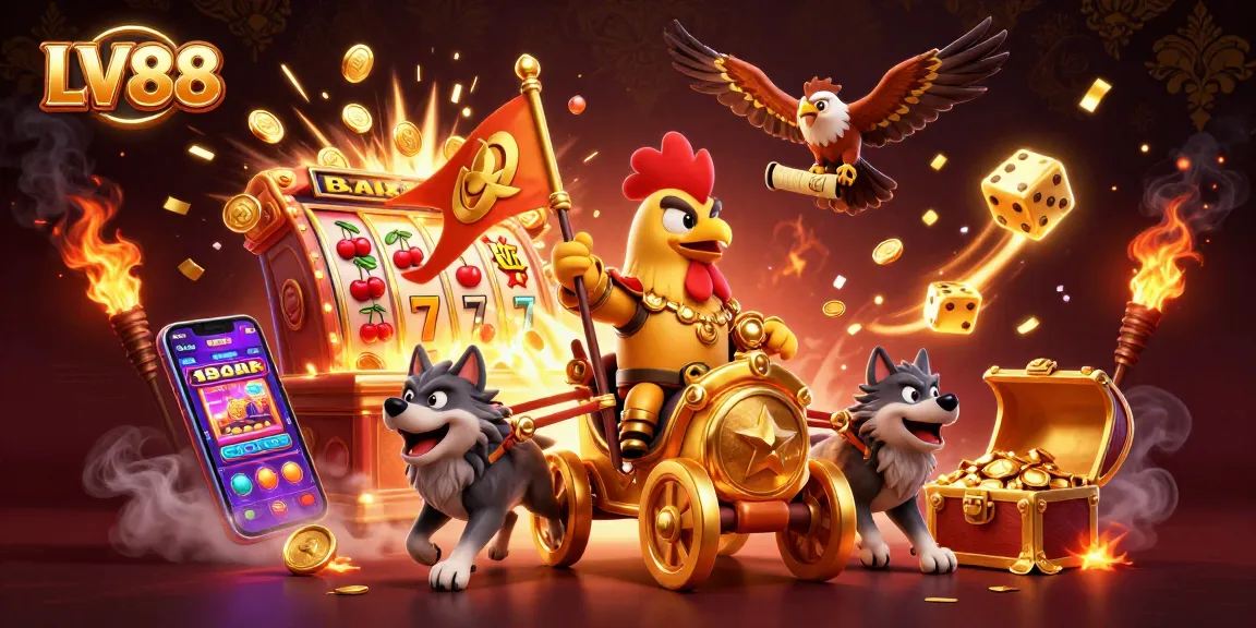 Experience LV88's thrilling action with a cartoon rooster warlord in a vibrant casino scene.
