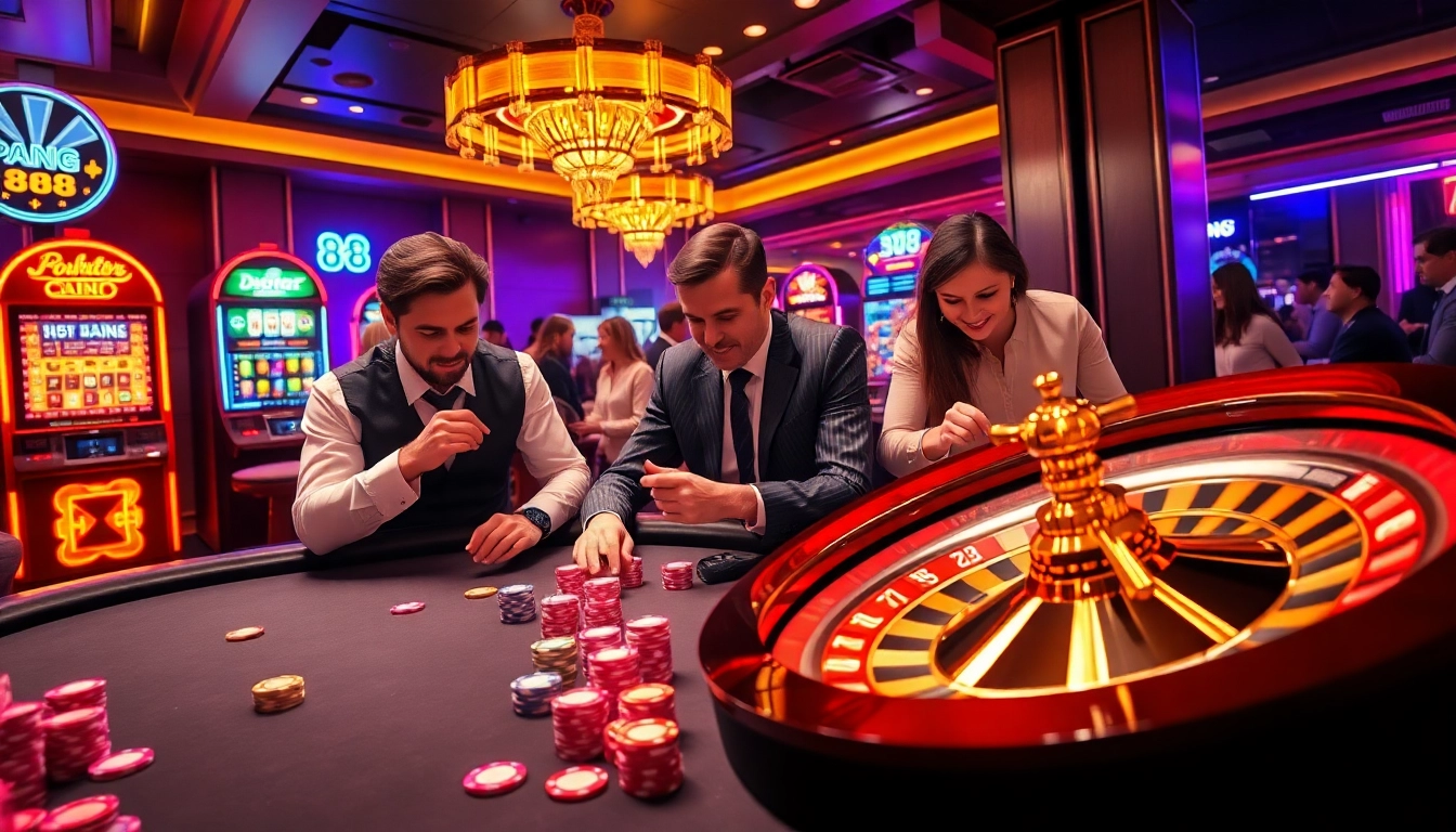 Engaging casino scene with players and VB 88 branded poker chips, embodying luxury and excitement.