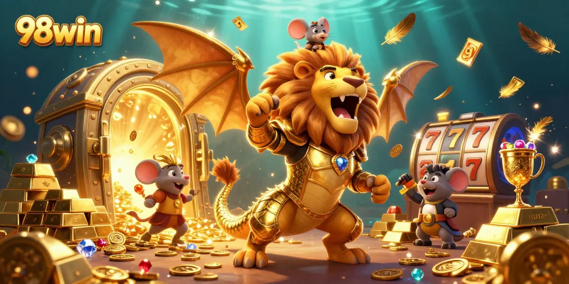 Engage with 98win's thrilling slot experience featuring a golden chimera and treasure in an exciting casino scene.