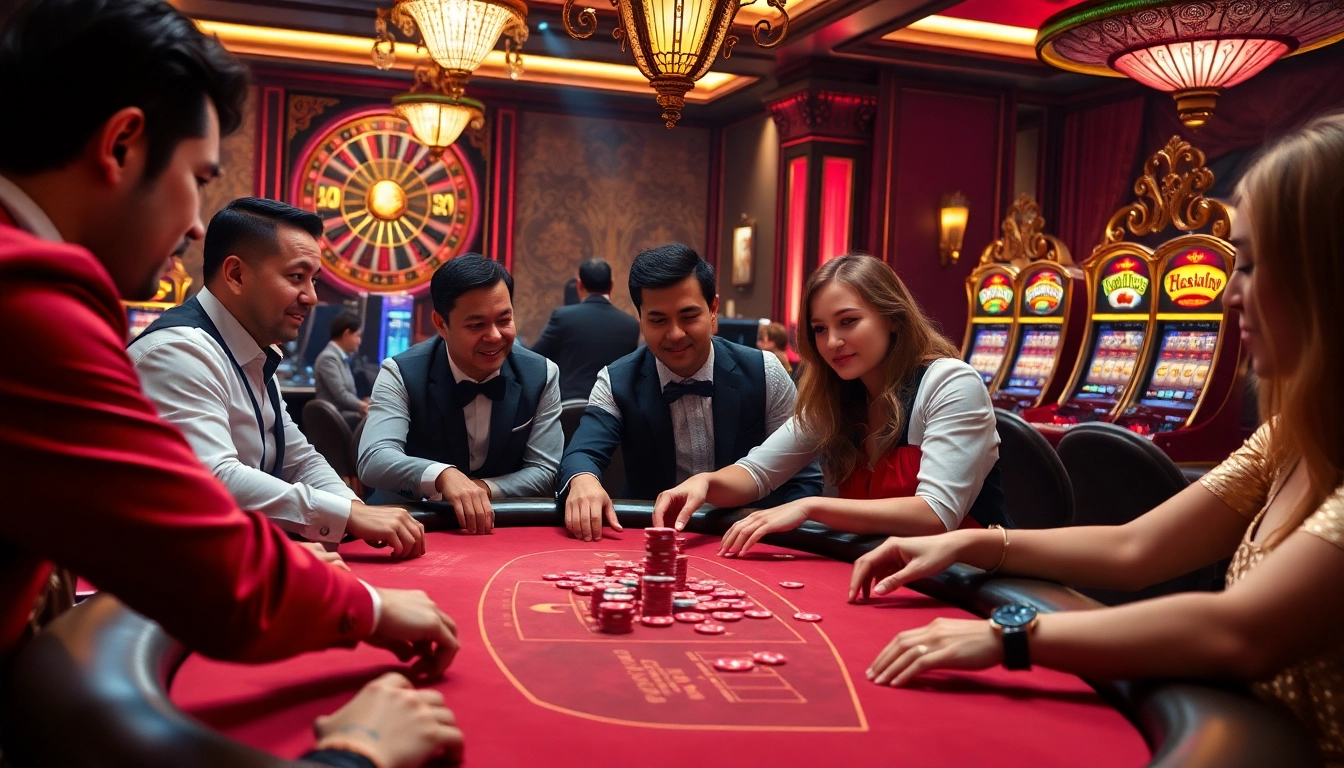 Players at the haywin casino engage in an exciting poker game, accentuated by colorful chips and a roulette wheel.