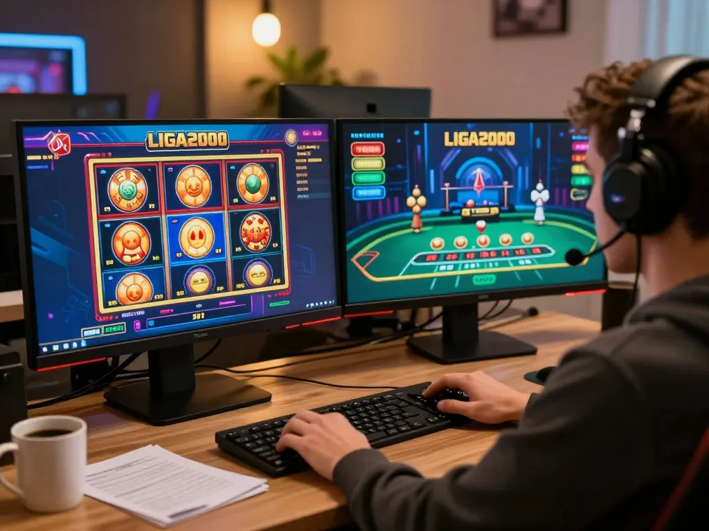 LIGA2000 player engaging in online casino games at home with dual screens showcasing vibrant action.