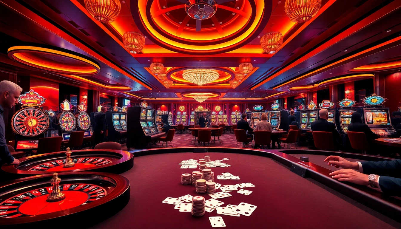 Capture an exciting casino moment at trang chủ mm88 with players engaging at roulette and poker tables.