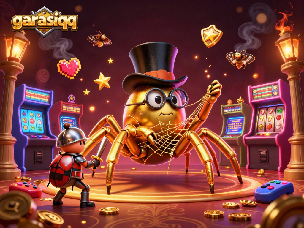 Experience the excitement of garasiqq with a vibrant 3D illustration featuring a golden tarantula and gaming elements.