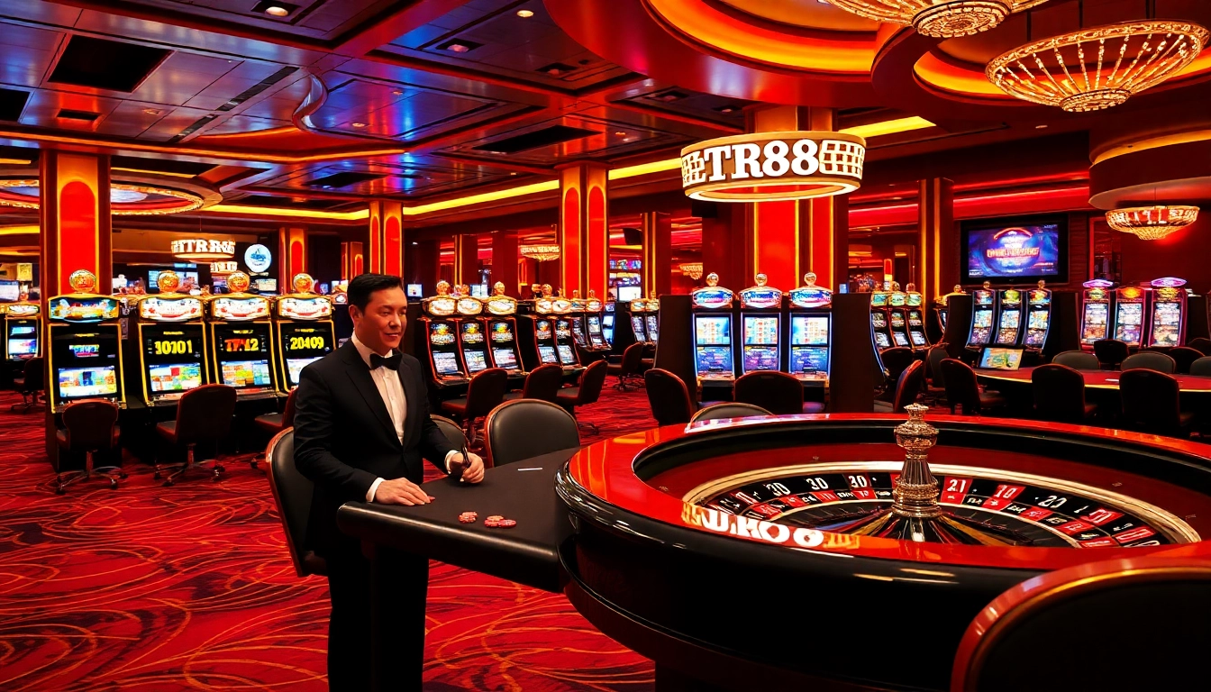 TR88 poker table with a professional dealer engaging players in a vibrant casino.