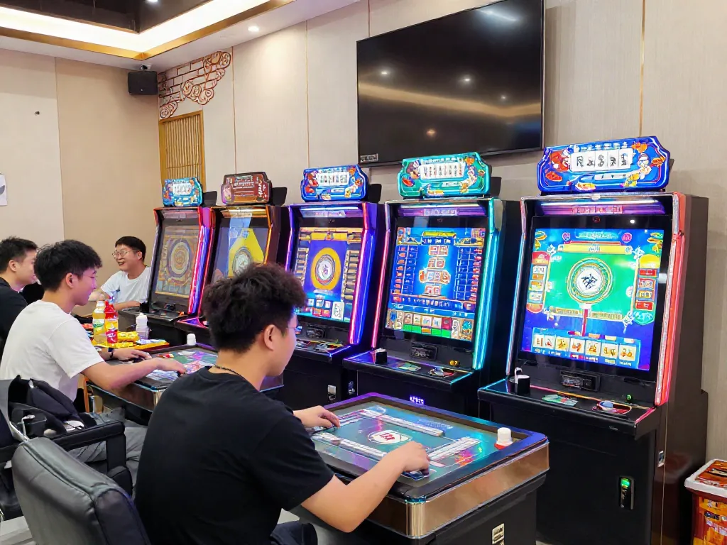 Pengunjung bermain di mesin slot mahjong dengan suasana ceria dan penuh warna, menampilkan grafik menarik.