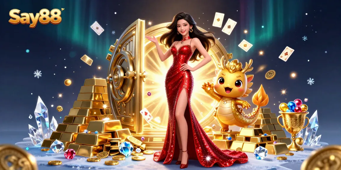Engage in thrilling gameplay elements at Say88, featuring a dazzling Asian woman and golden dragon mascot in a casino atmosphere.