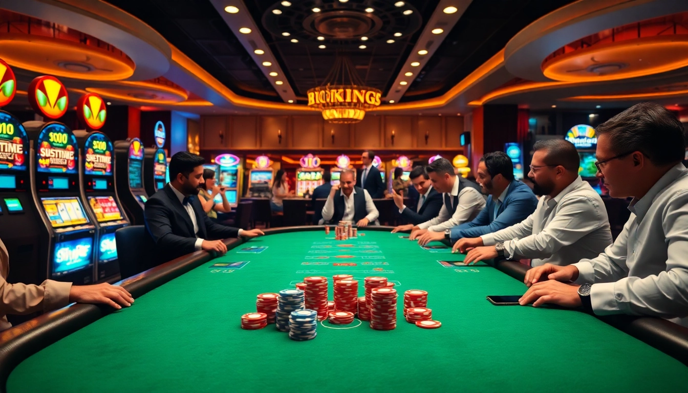 Engaged players at a high-stakes poker table in a luxurious casino, showcasing ok king88 com vibes.