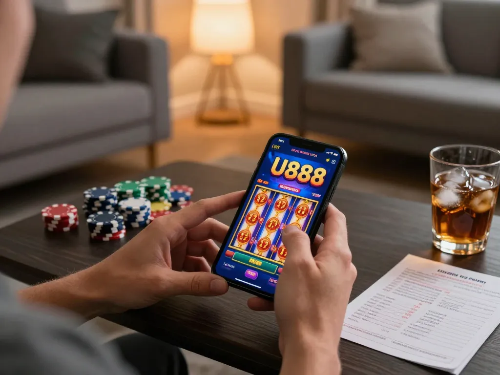 Player interacting with the U888 com casino app on a smartphone, showcasing vibrant slot games and betting strategies.